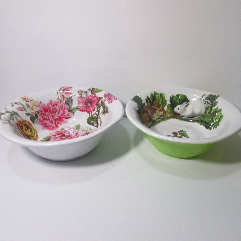 lot of 2 large Michel plastic serving bowl bunny floral spring